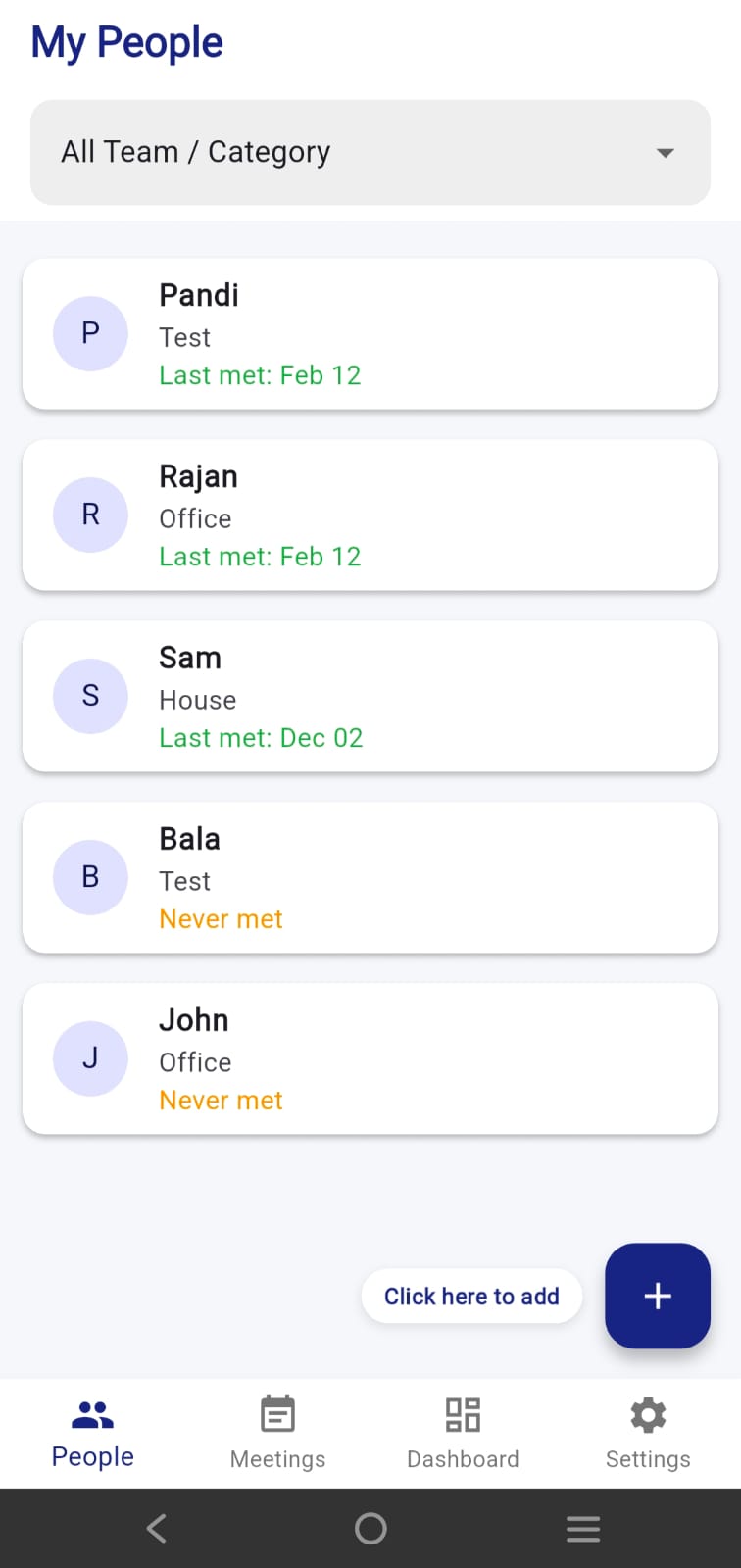 One On One Tracker screenshot: Your people at a glance